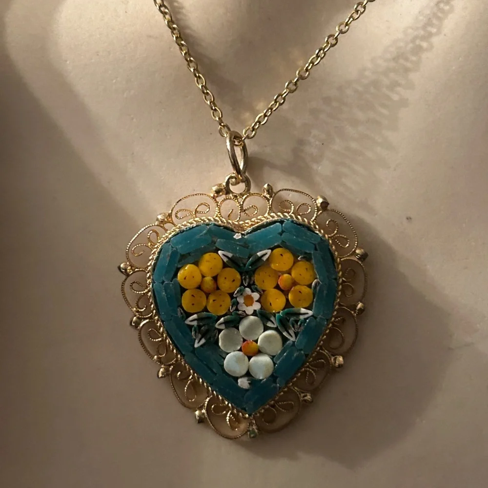 Vintage Micro-Mosaic Heart Pendant Necklace